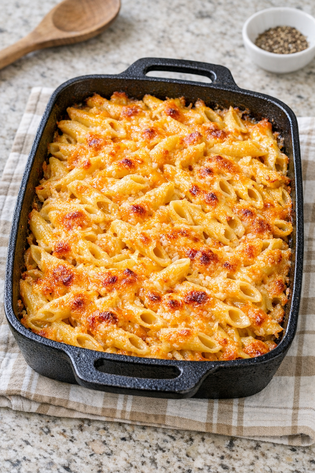 Finished Amish cheddar macaroni baked in a cast iron dish