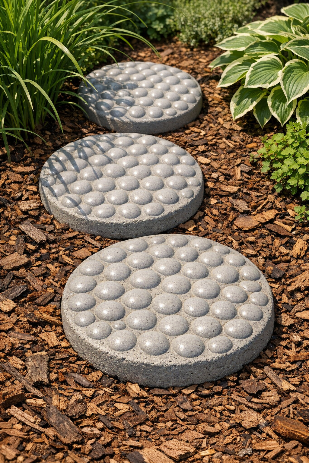 Finished dimpled cement garden stones in a garden path