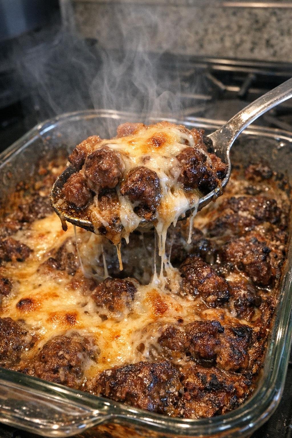 Savory beef bites in a glass baking dish