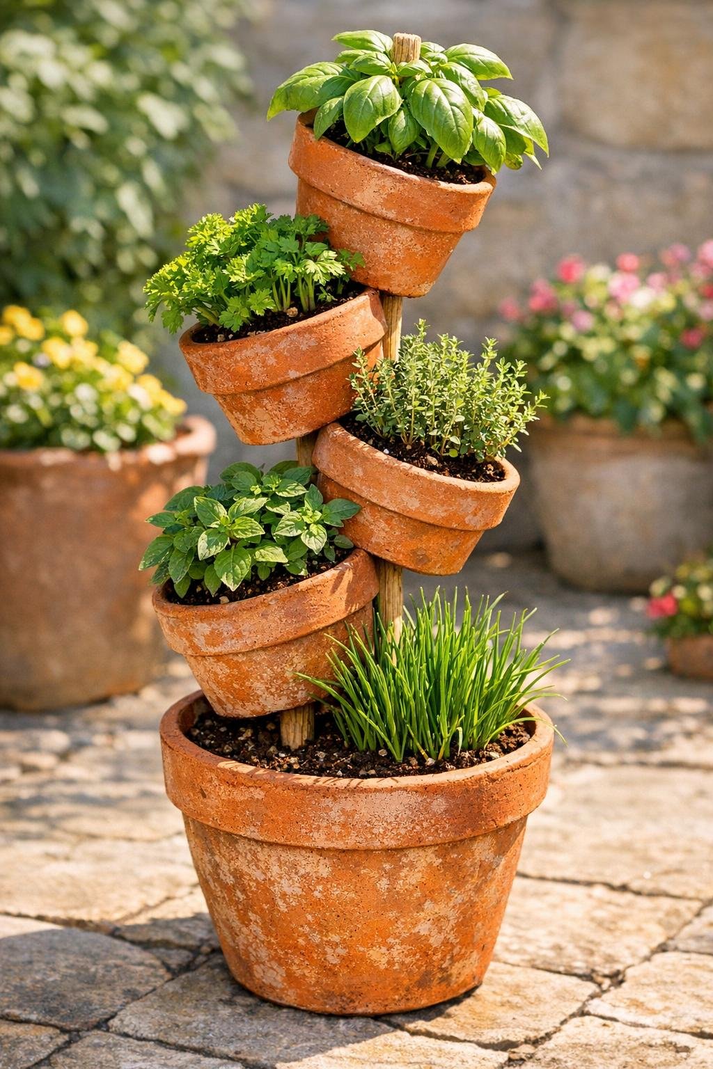 Finished five-tier terracotta herb planter made from mismatched pots