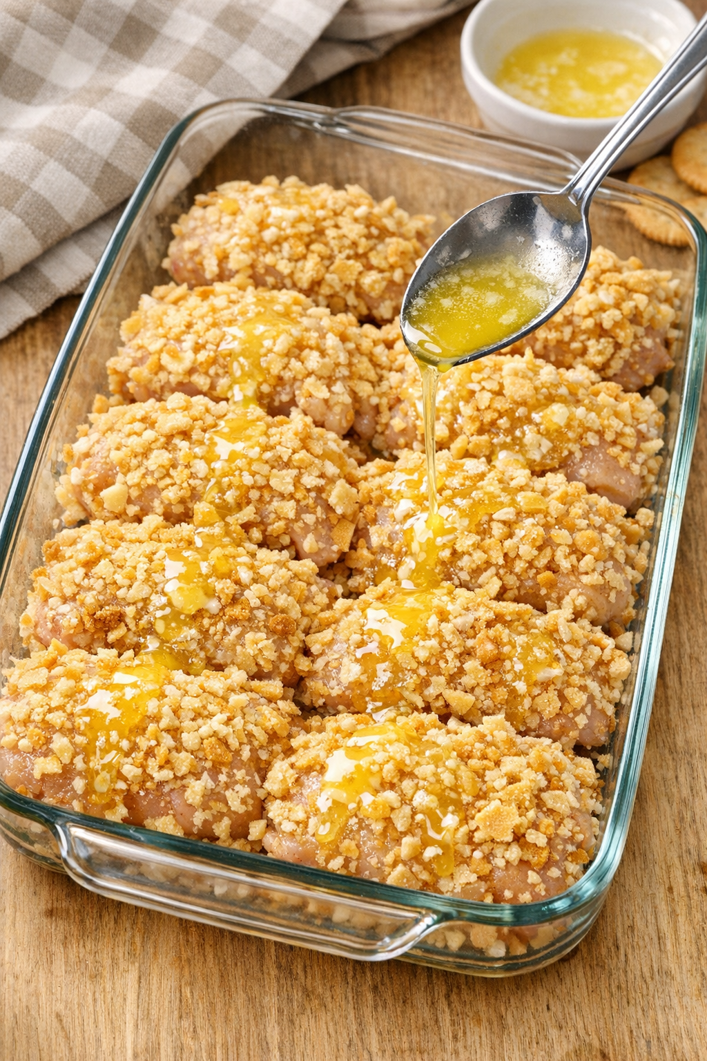 Cracker-coated chicken arranged in a baking dish with melted butter