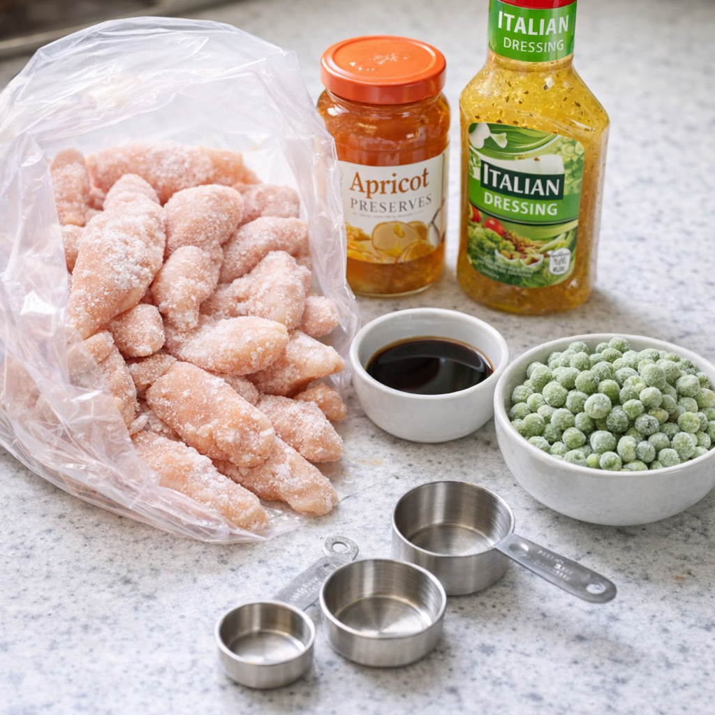 Ingredients for spring blossom chicken arranged on a kitchen counter