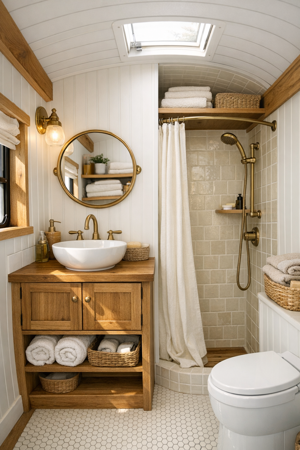 Compact bus bathroom with warm white paneling, natural wood vanity, and brass fixtures