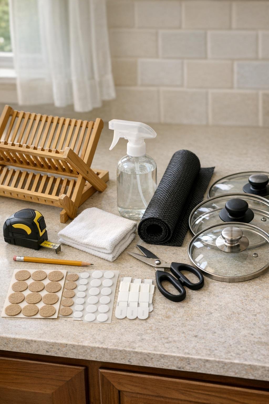 Bamboo drying rack and cabinet-organizing materials laid out on a counter