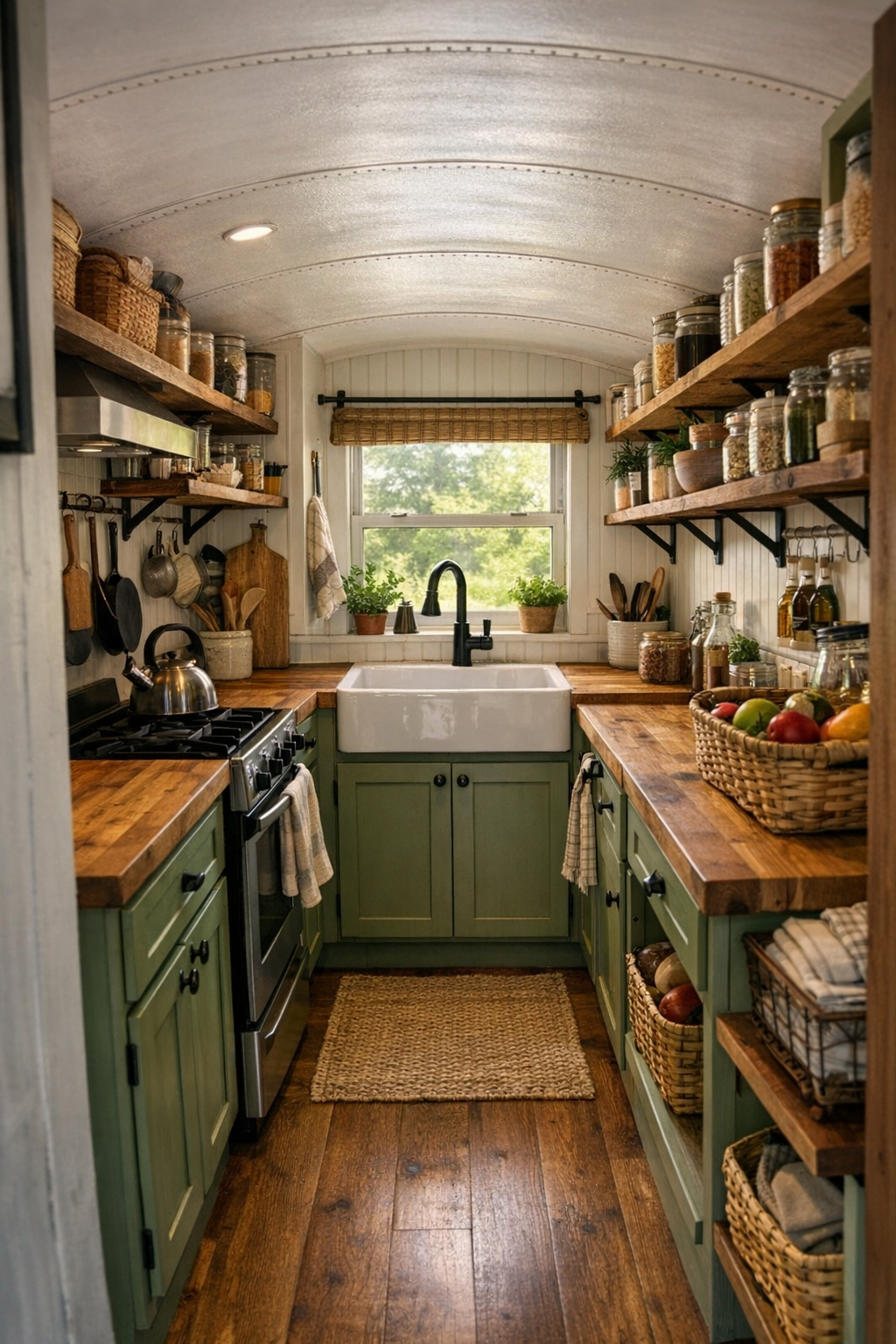 Off-grid bus kitchen with sage cabinets, butcher block counters, and farmhouse sink