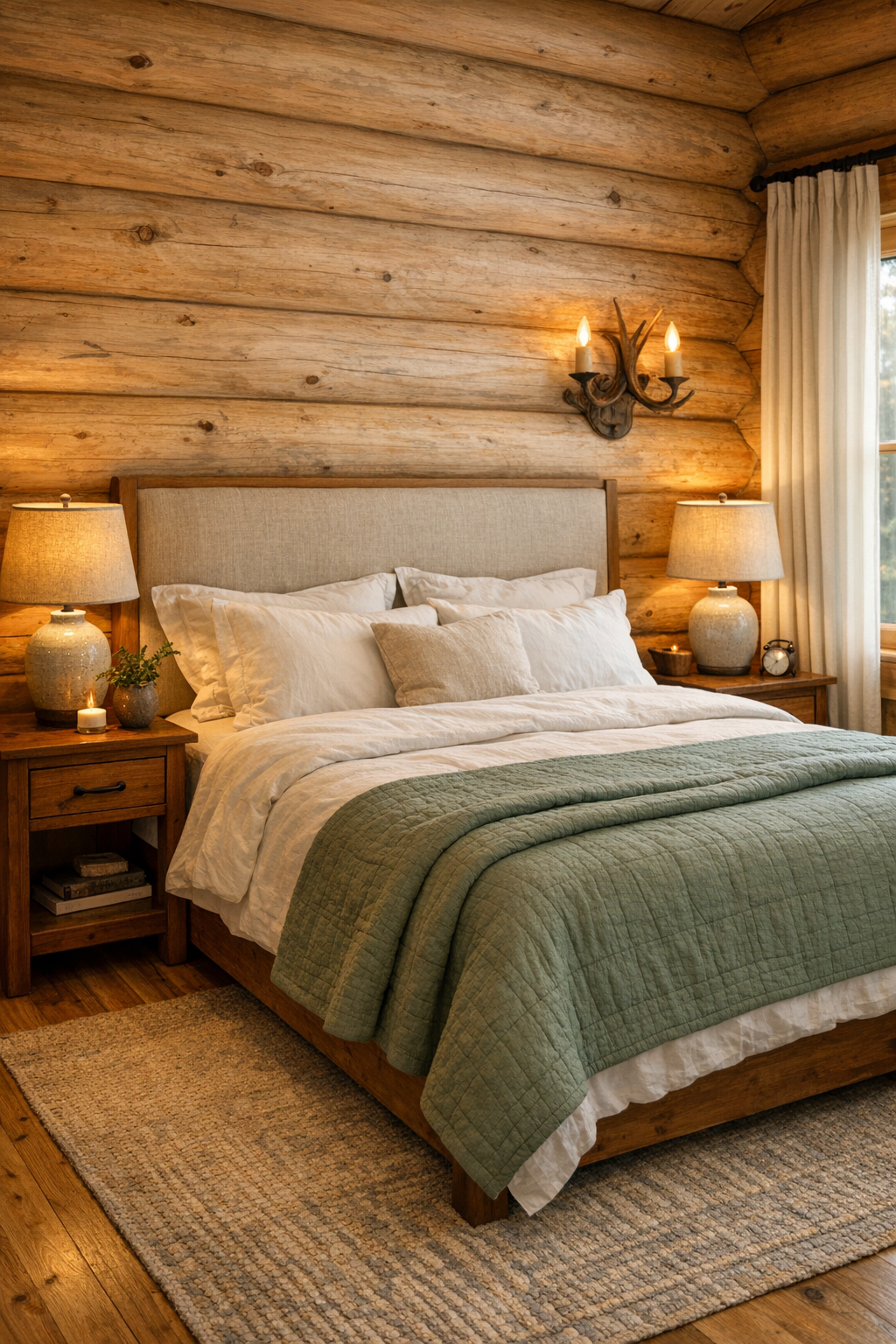 Serene log bedroom with linen headboard and layered neutral bedding