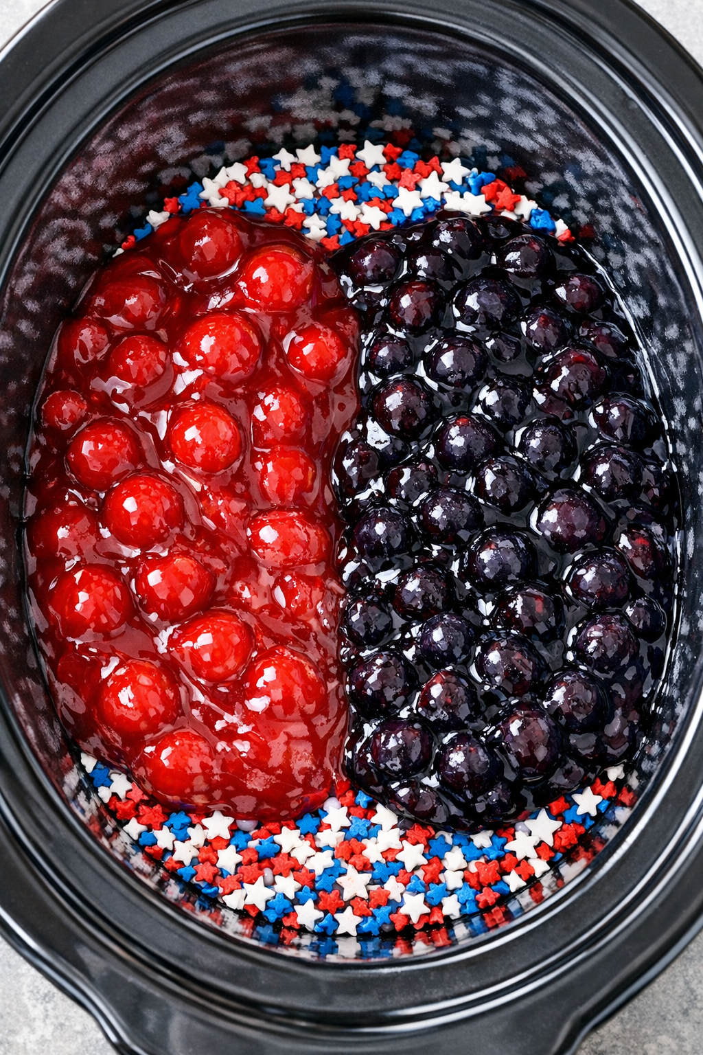 Cherry and blueberry pie filling layered in a slow cooker