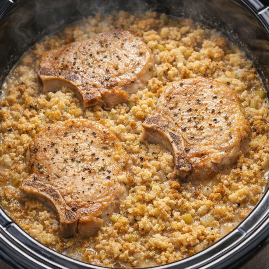 Finished pork chops and stuffing inside the slow cooker