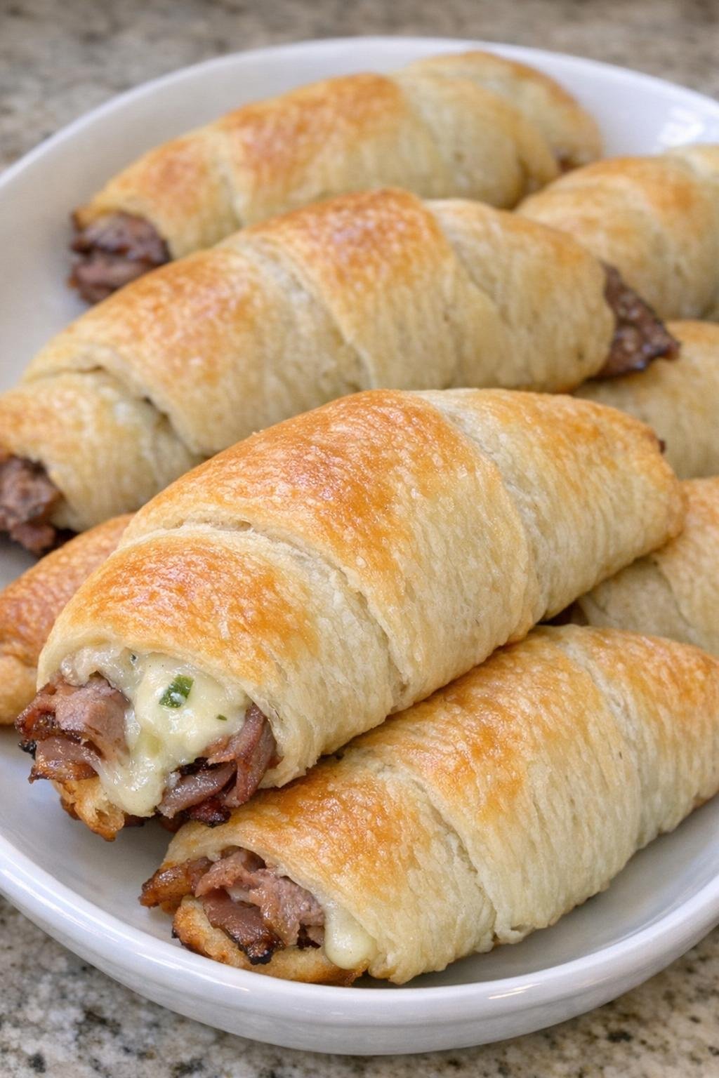 Golden brown crescent wraps with roast beef and jalapeño havarti on a white platter