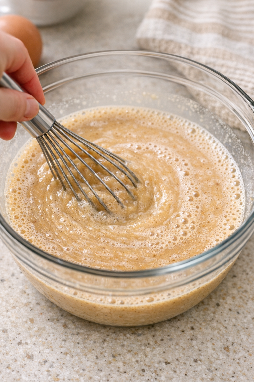 Egg, milk, and brown sugar mixture being whisked