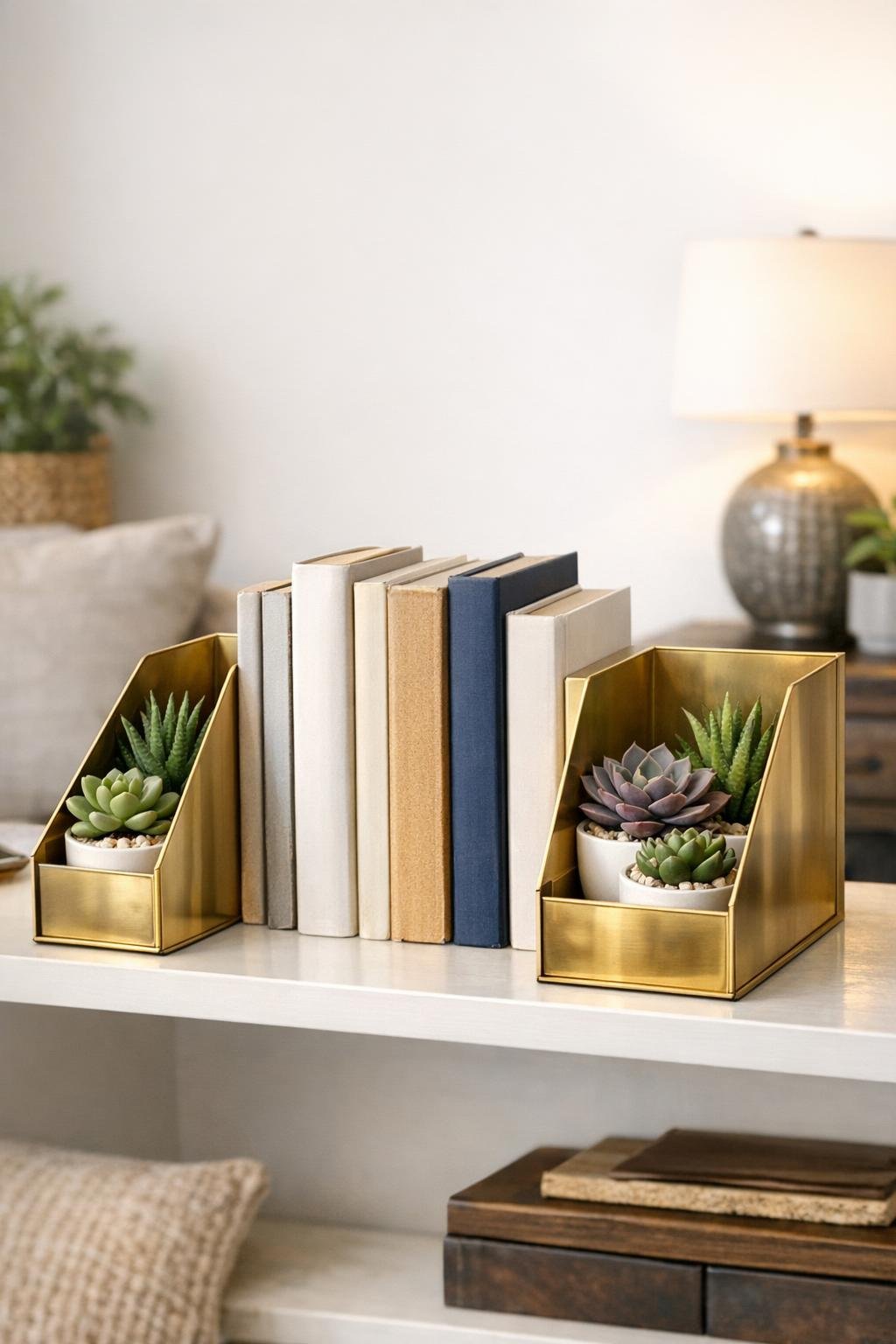 Finished brass magazine holder bookend planter with faux succulents in a living room