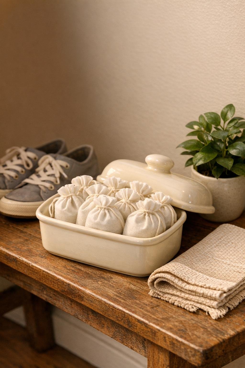 Finished hallway shoe freshener station in a cream ceramic butter dish