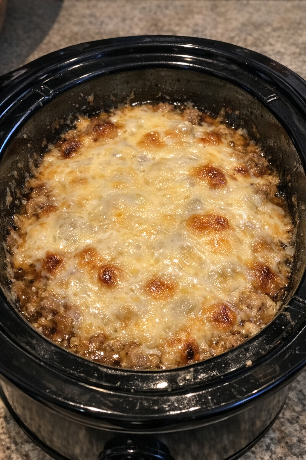 Slow cooker filled with a rich, bubbling savory mixture under a glossy melted topping