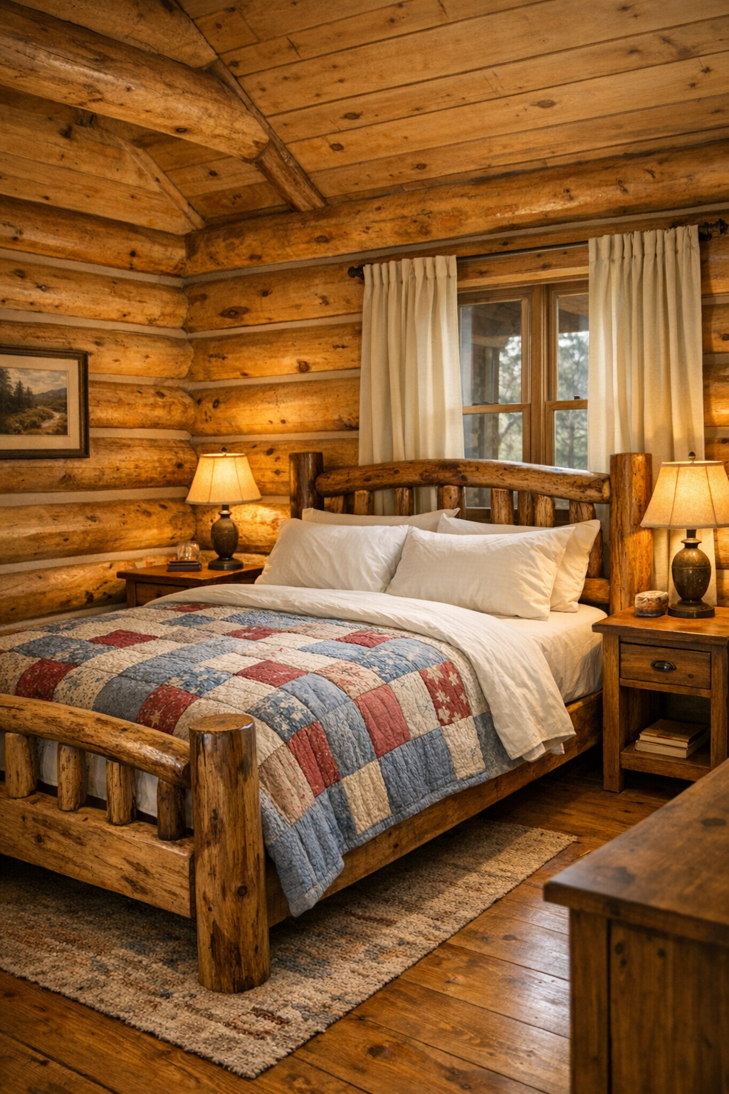 Peaceful log home bedroom with handcrafted wood bed, white bedding, and soft quilted accents