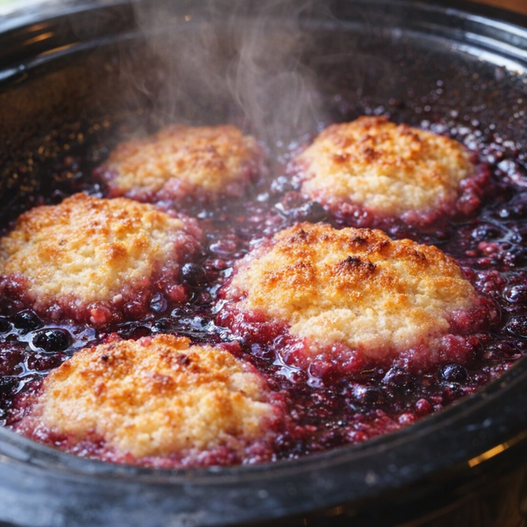 Finished blueberry grunt with golden biscuit topping in slow cooker
