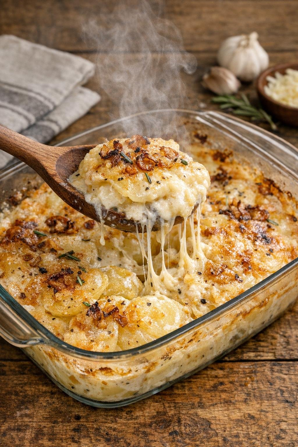 Bubbling golden potatoes in a glass casserole dish