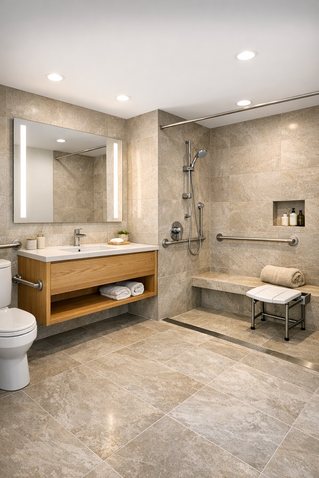 Spa-like accessible bathroom with curbless shower, oak vanity, and stone-toned tile