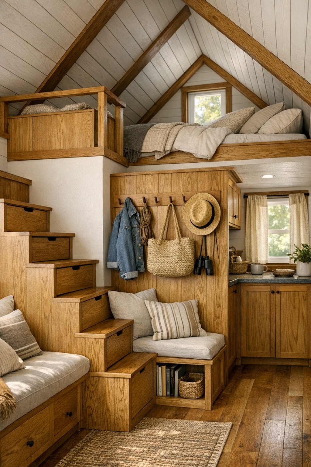 Built-in loft and storage area with oak millwork in a barn-style tiny home