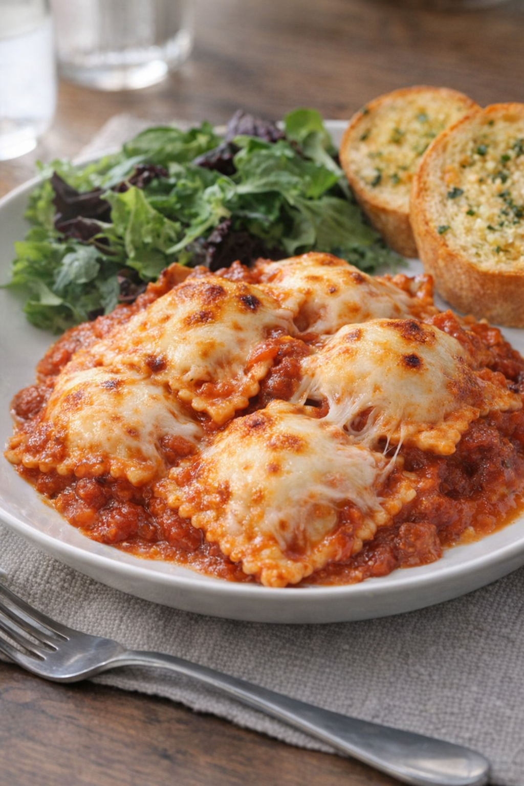 Bowl of cheesy ravioli with salad and garlic bread