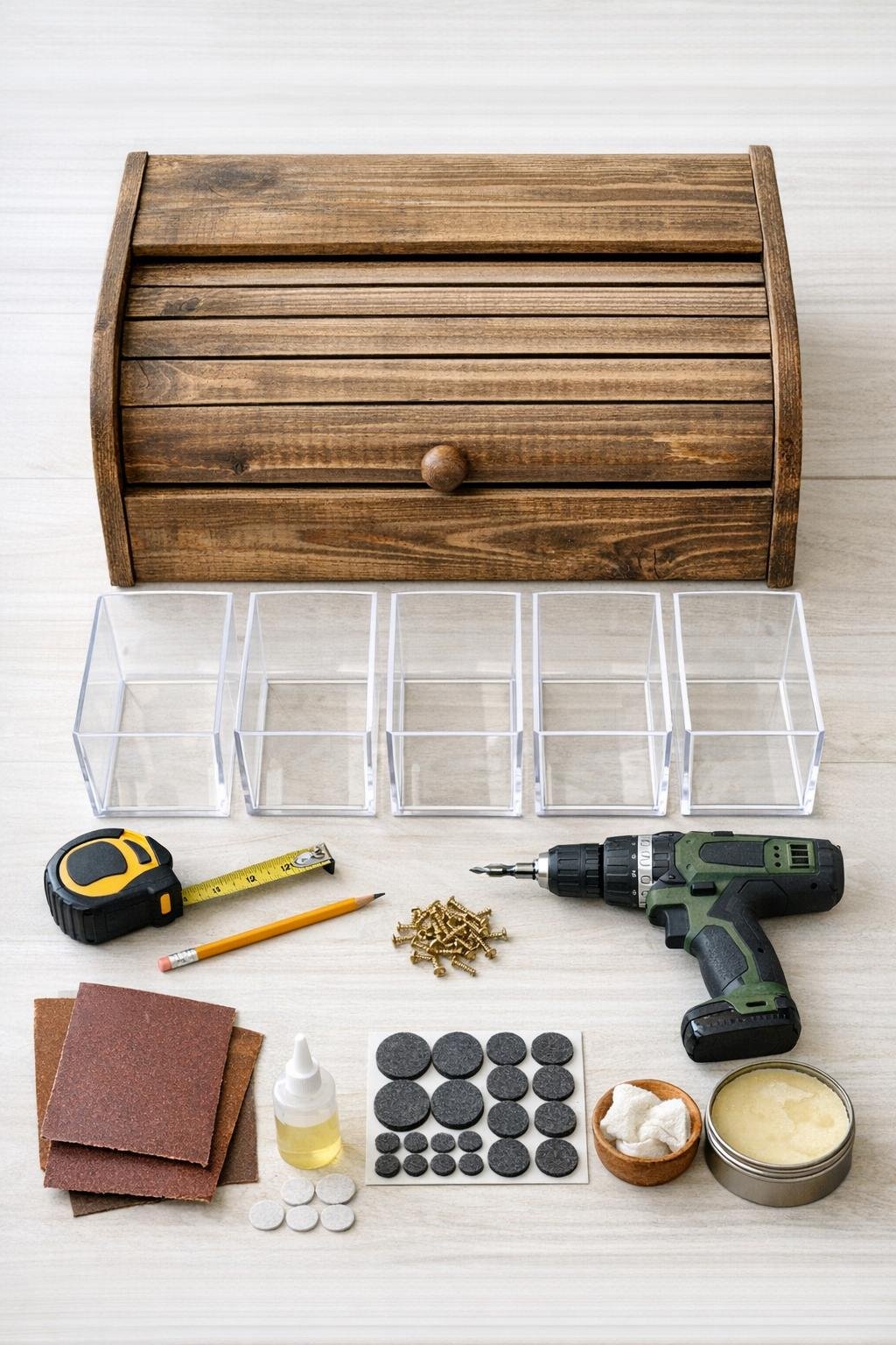 Rustic bread box, clear acrylic bins, and basic tools laid out for the project