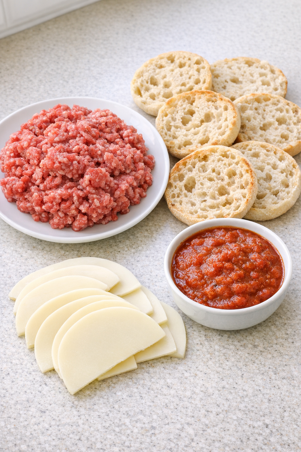 Main ingredients for beef English muffin bites
