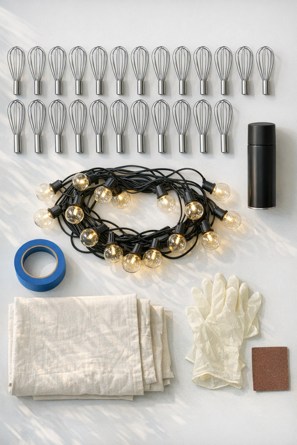 Materials for whisk patio string lights laid out on a work surface