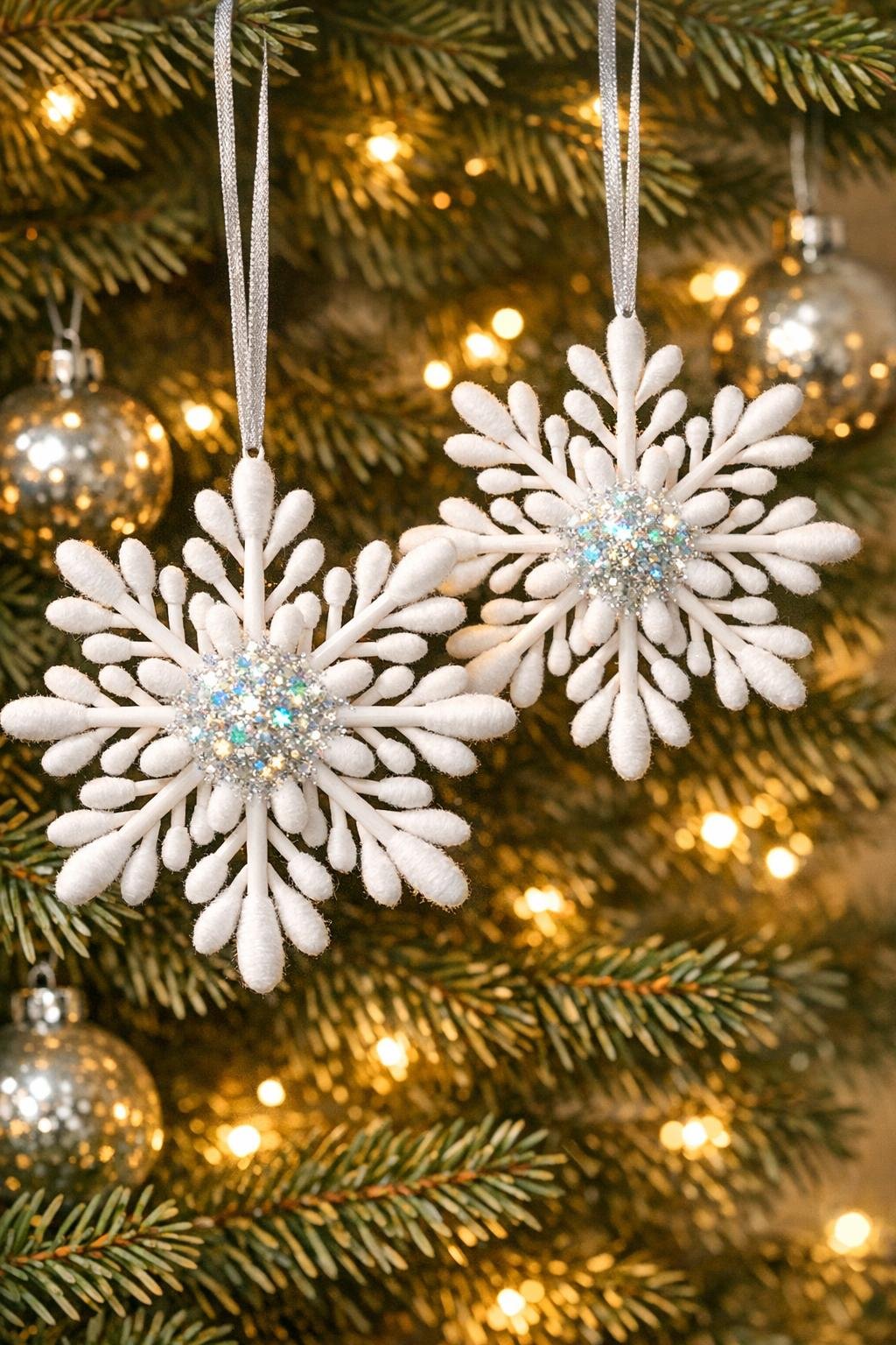 Finished snowflake ornaments made from cotton swabs hanging on a Christmas tree