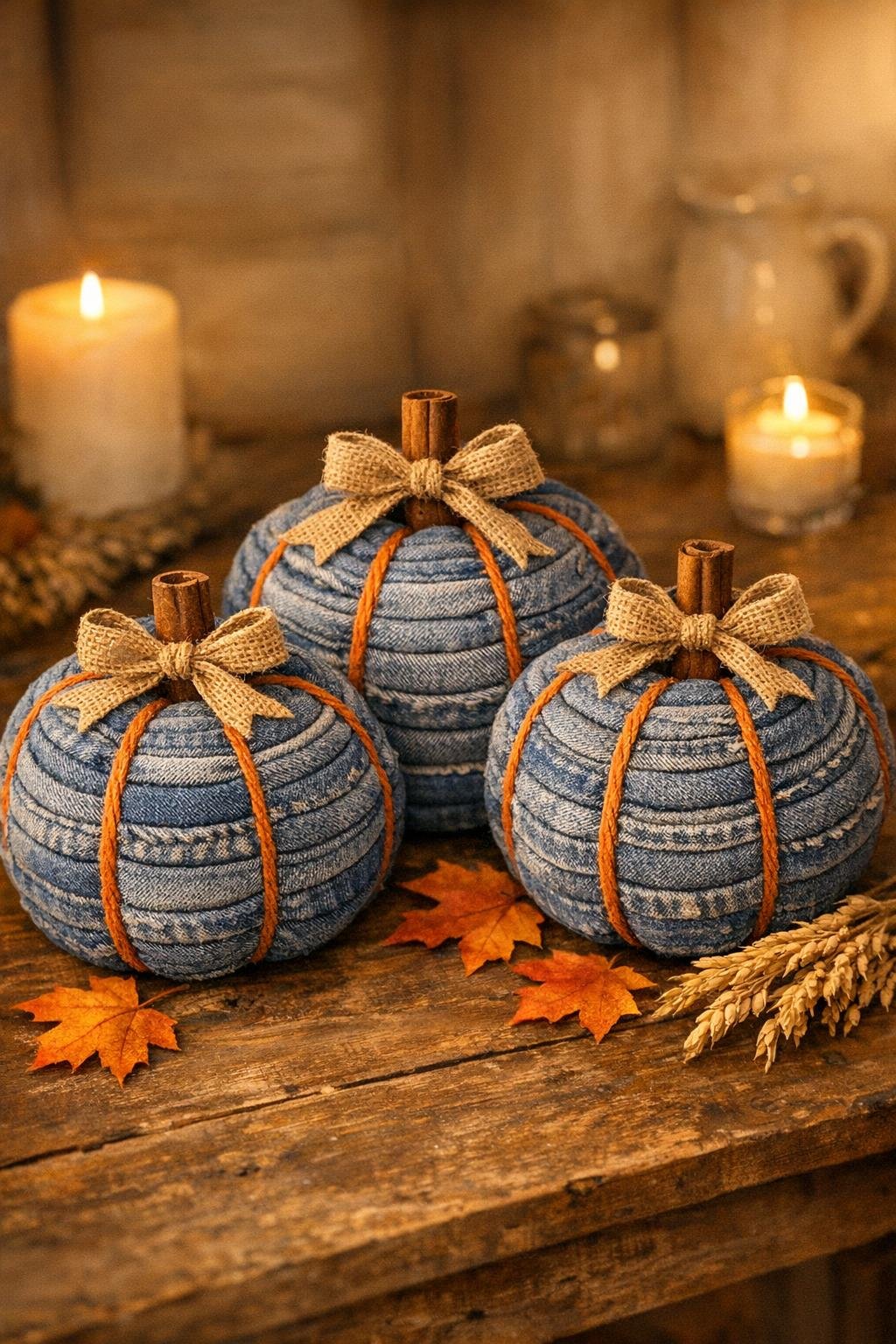 Finished trio of rolled denim pumpkins displayed for fall