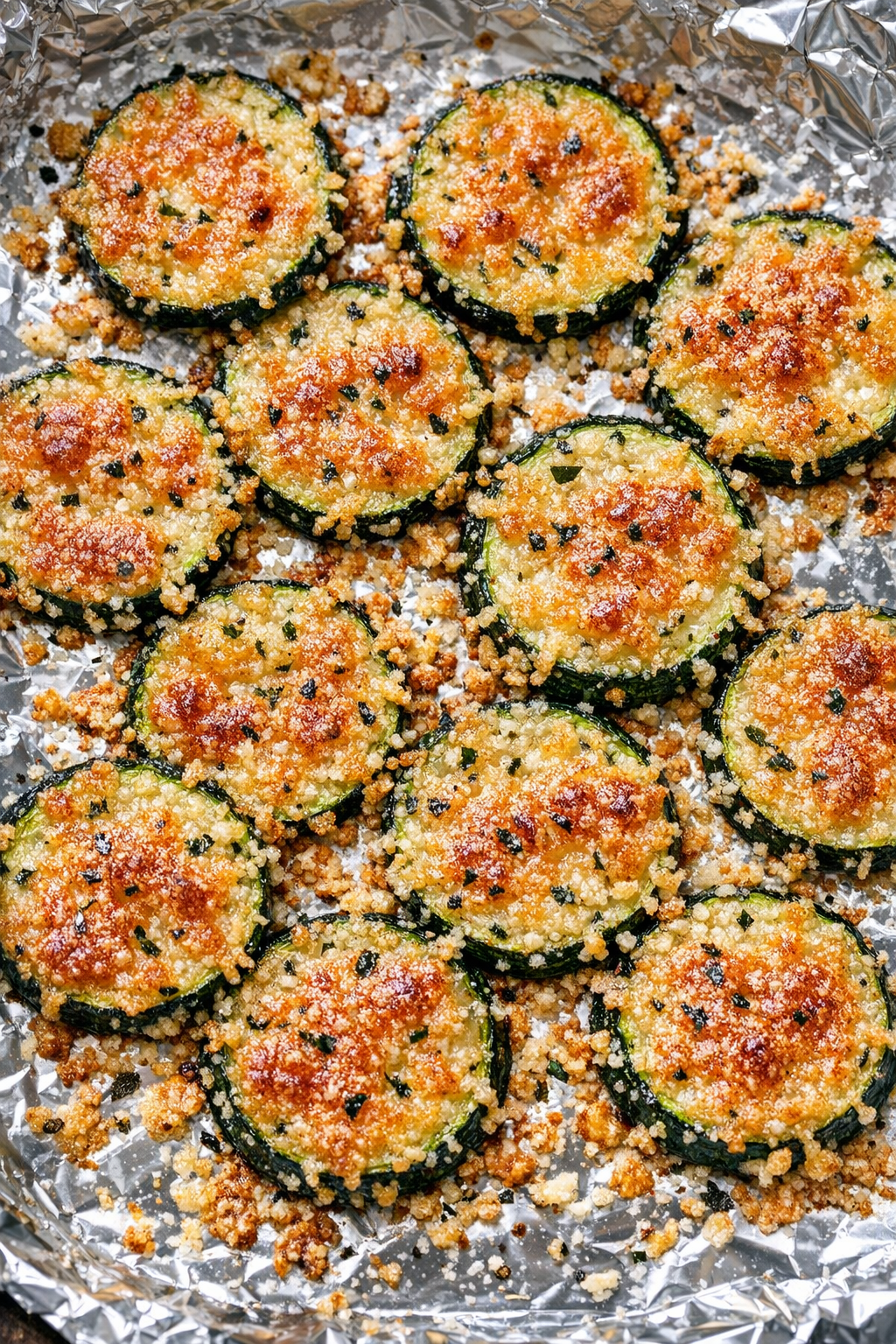 Finished zucchini parmesan crisps on a foil-lined baking tray