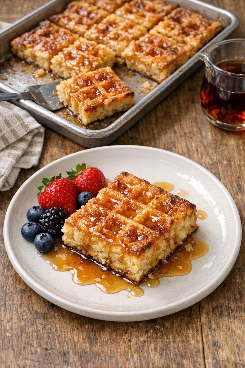 Baked waffle dessert in a sheet pan
