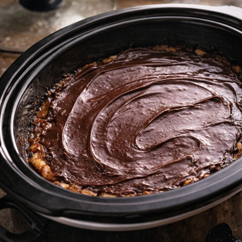 Finished chocolate layer smoothed over the dessert in the crock
