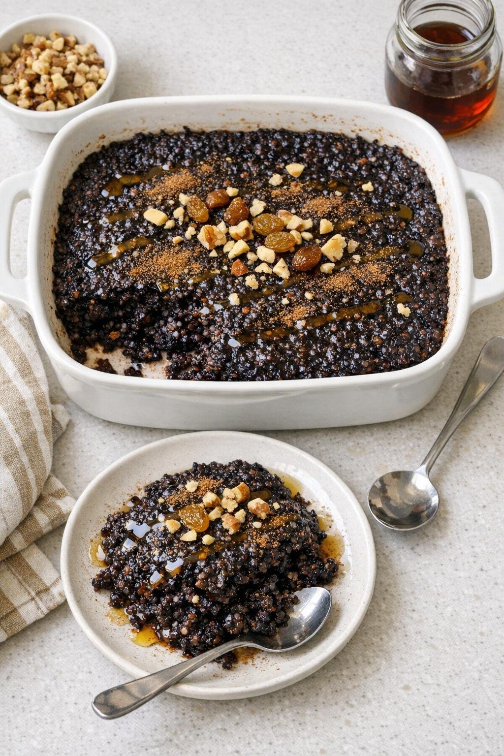 Finished baked black quinoa dessert in a ceramic casserole dish