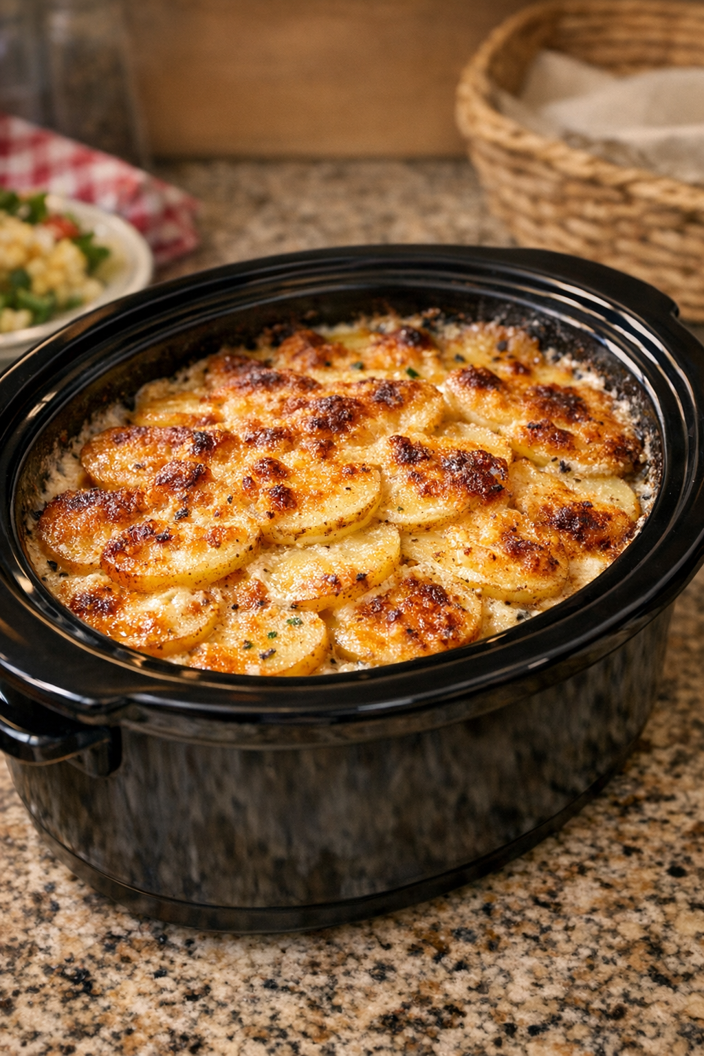 Finished slow cooker potato gratin in black oval slow cooker