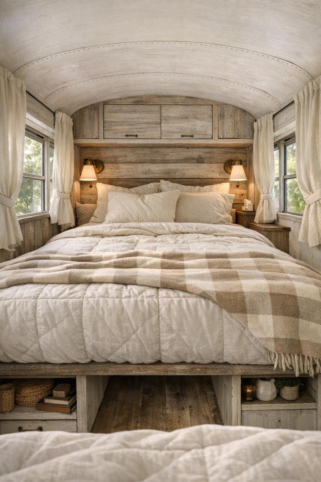Calm bus bedroom with raised bed, ivory quilts, and soft linen curtains