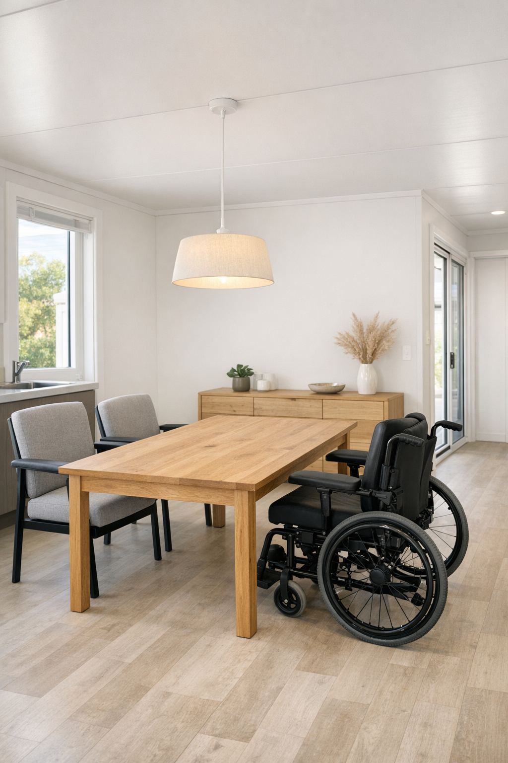 Simple modern dining room with natural wood table and soft pendant light