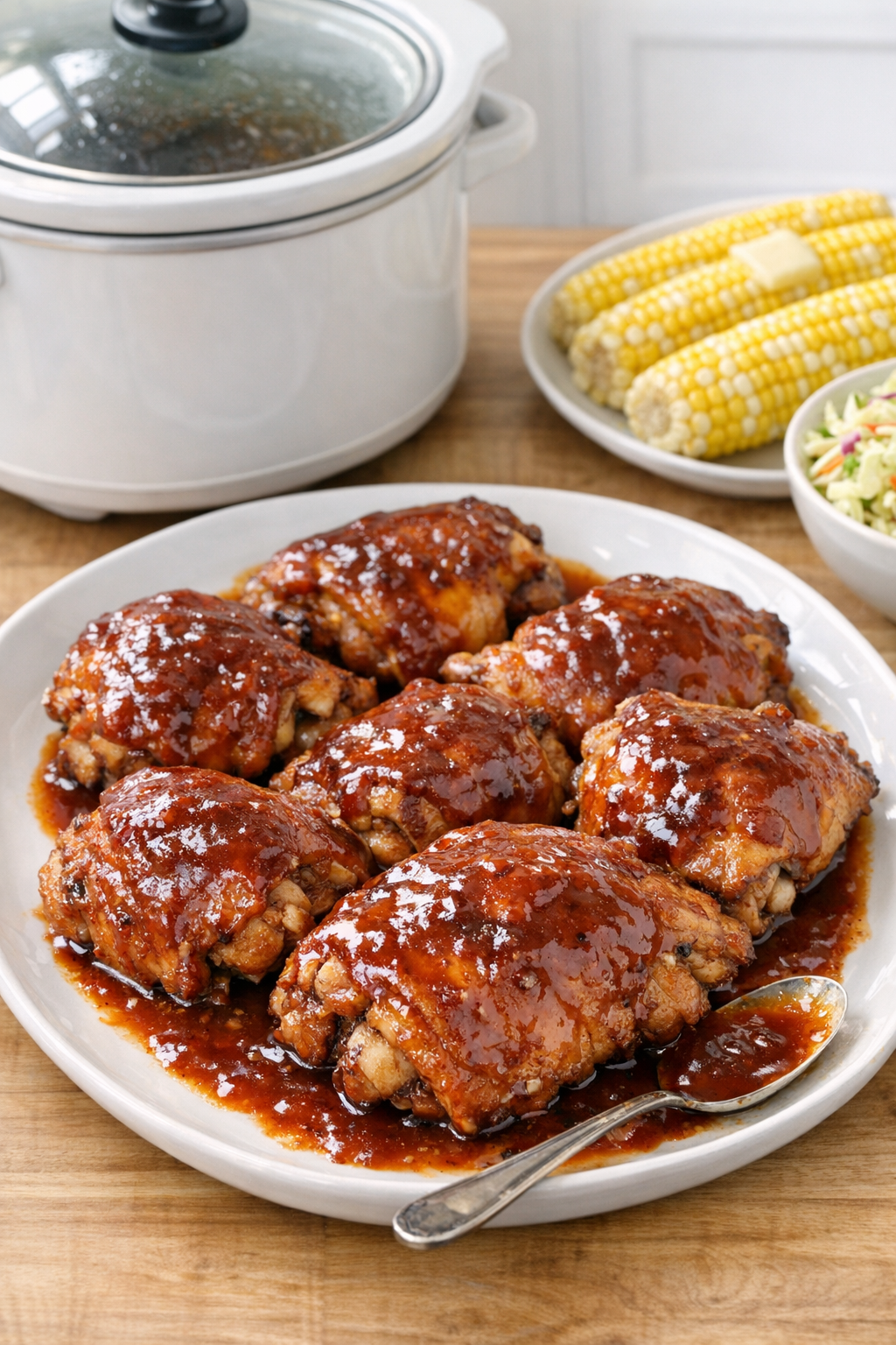 Finished slow cooker barbecue chicken thighs plated