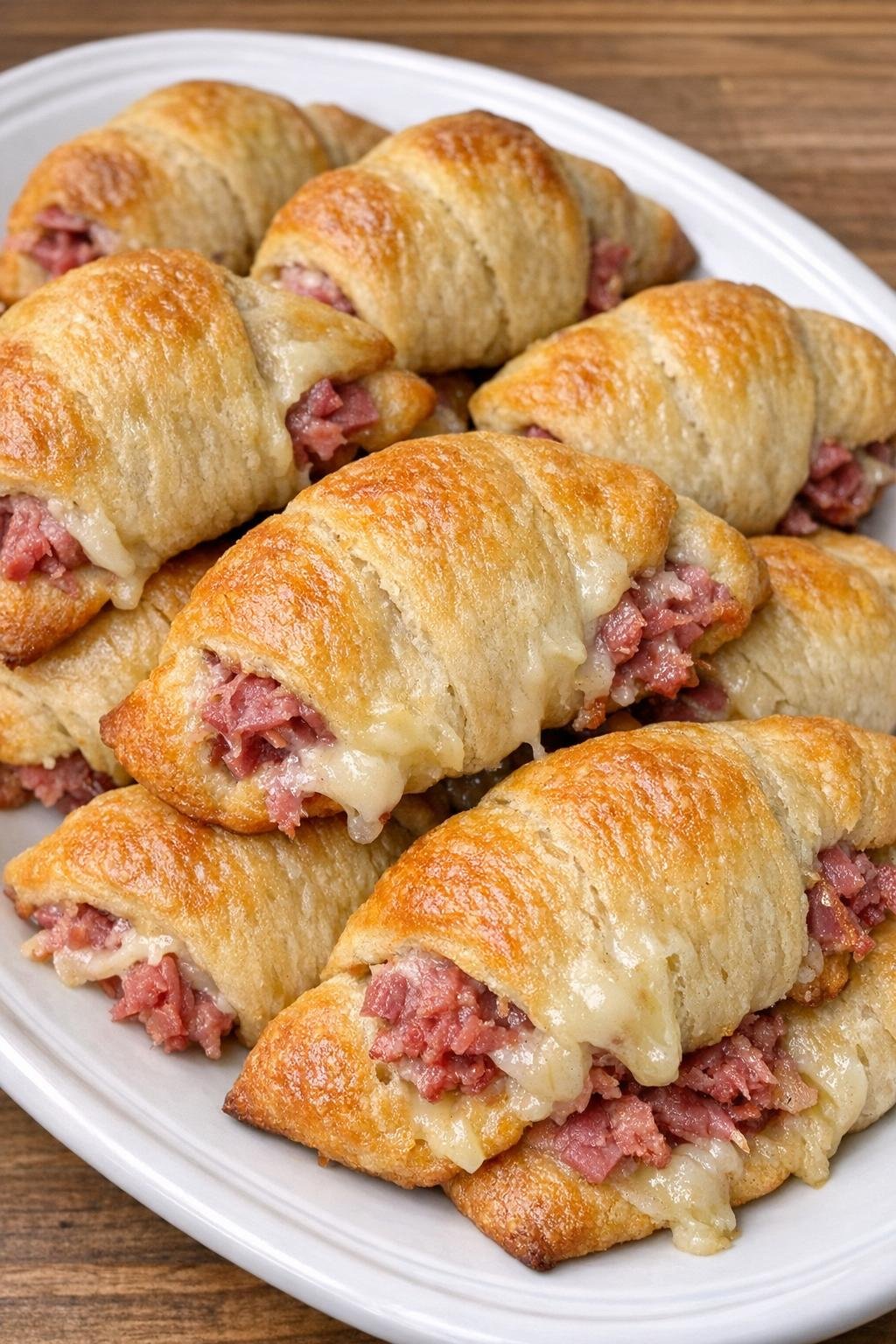 Golden brown crescent puffs with corned beef and Gruyere on a white platter