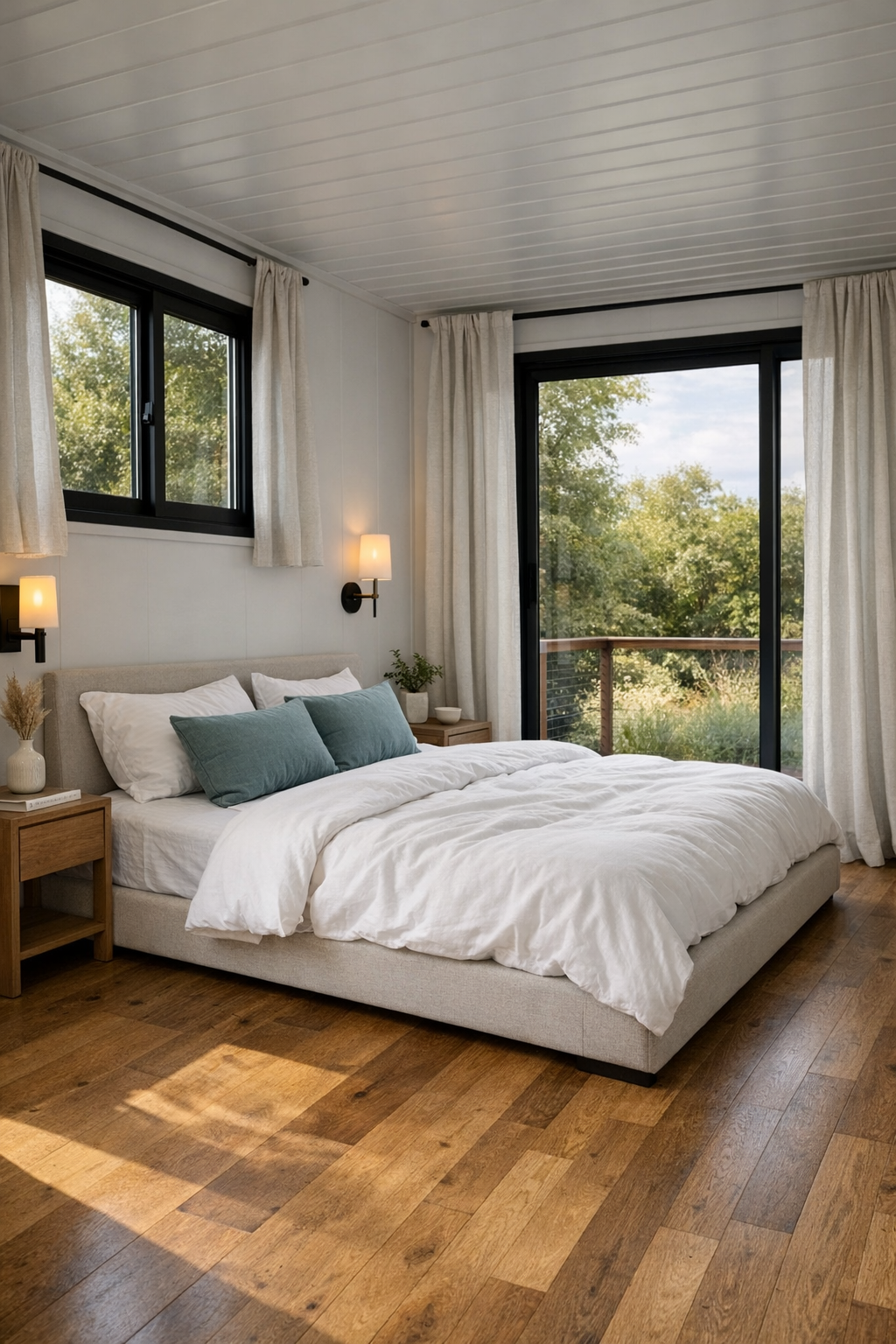 Peaceful bedroom with upholstered bed, white bedding, and linen curtains