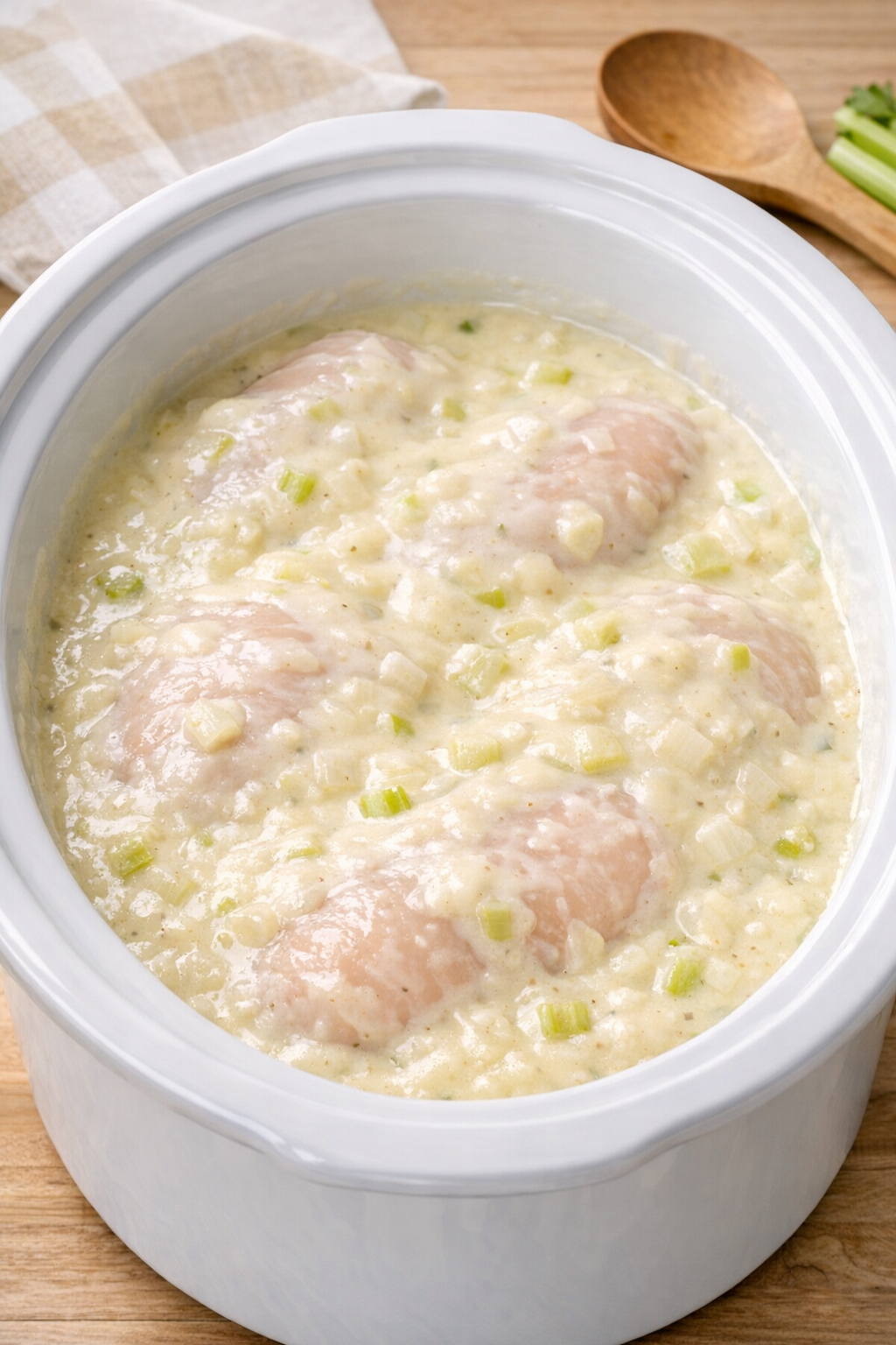 Chicken breasts covered with creamy sauce in the slow cooker