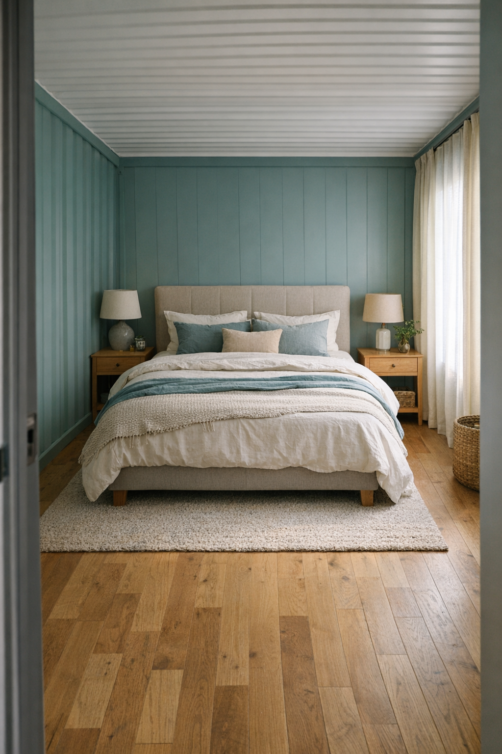 Serene bedroom with layered neutral bedding, muted teal accents, and soft natural light