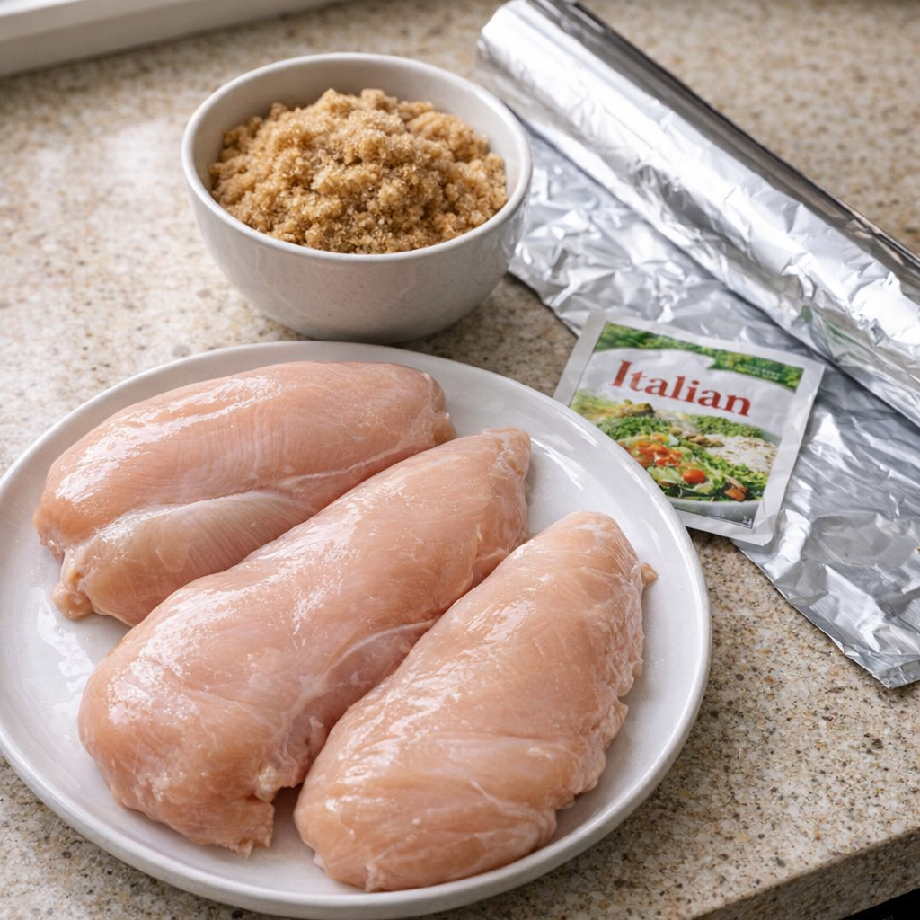 Three simple ingredients for brown sugar chicken laid out on a counter