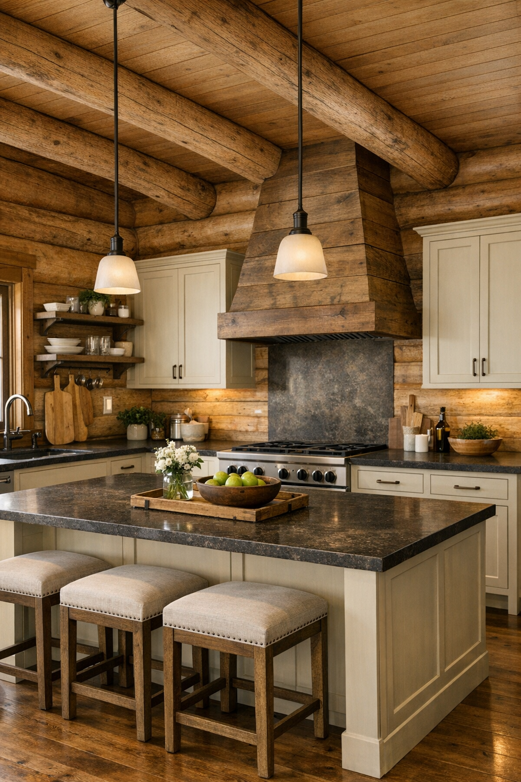 Kitchen with painted cabinetry, dark stone counters, and a central island in a log home