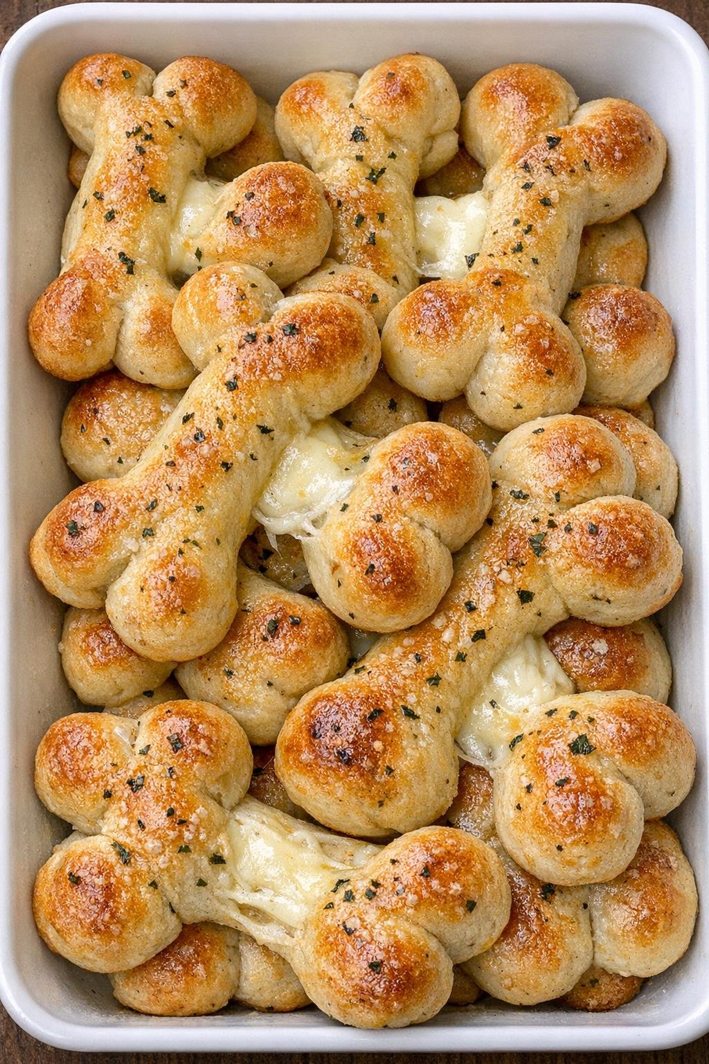 Cheesy bone breadsticks in a white serving tray