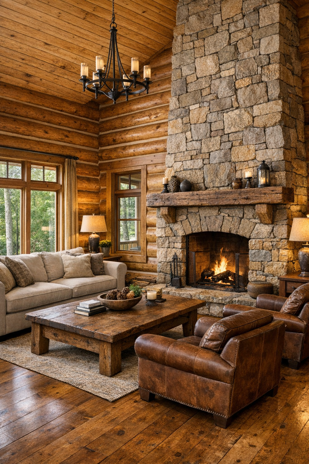 Warm log living room with stone fireplace and layered seating