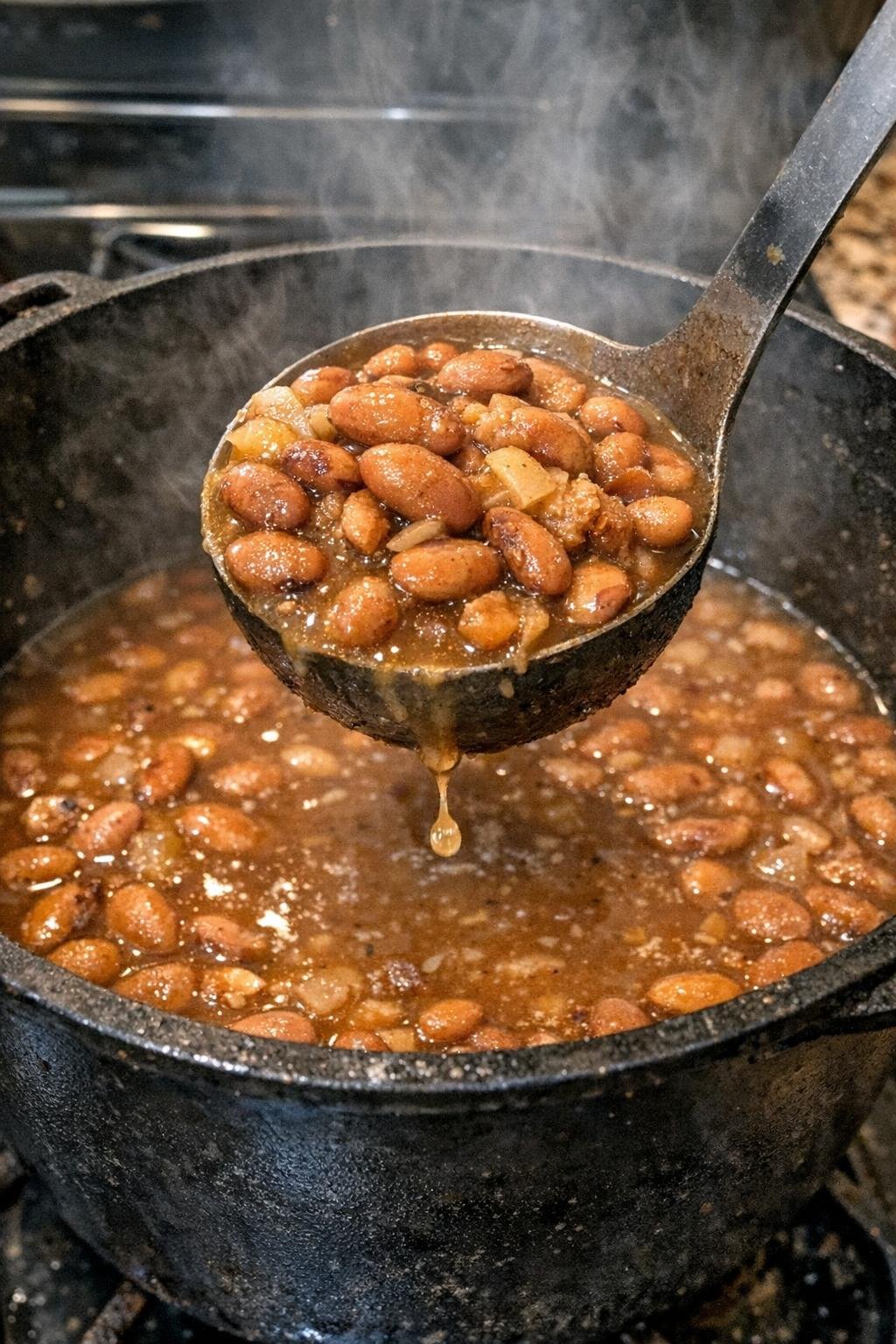 Pinto beans in a black pot with a ladle lifting beans