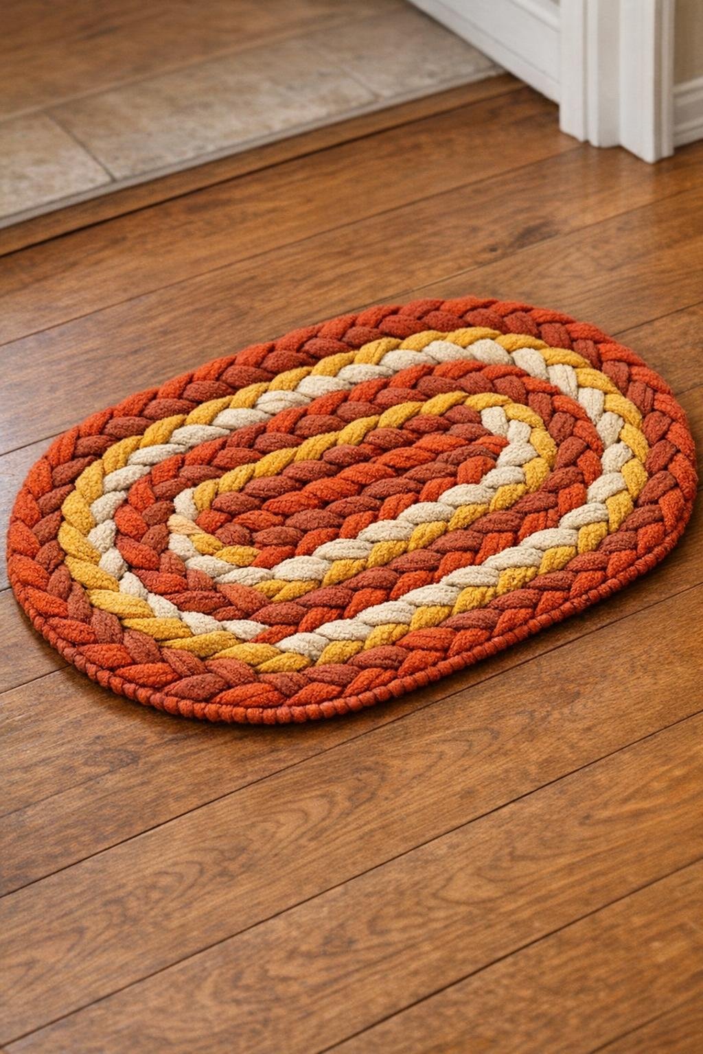 Finished autumn braided rug made from old bath towels