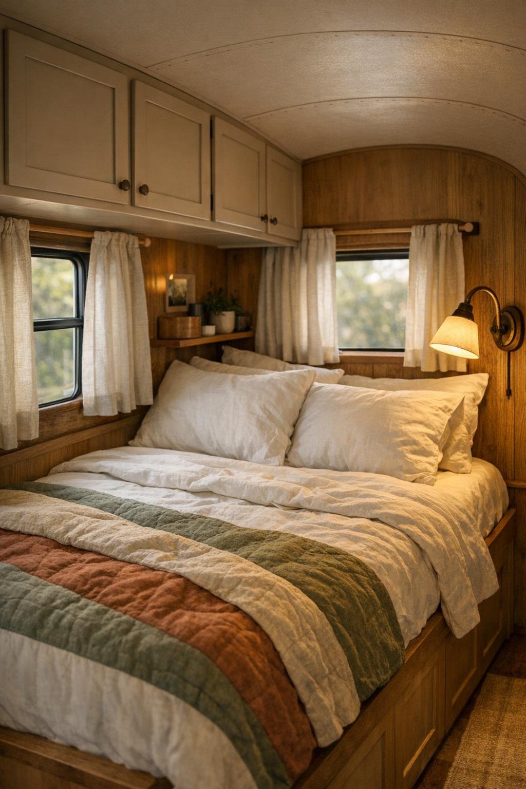 Peaceful bedroom at the rear of the converted bus with layered linens and built-in storage