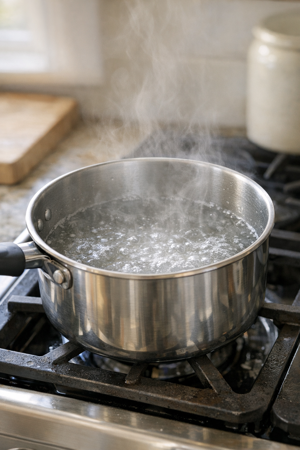 Salted water heating in a saucepan