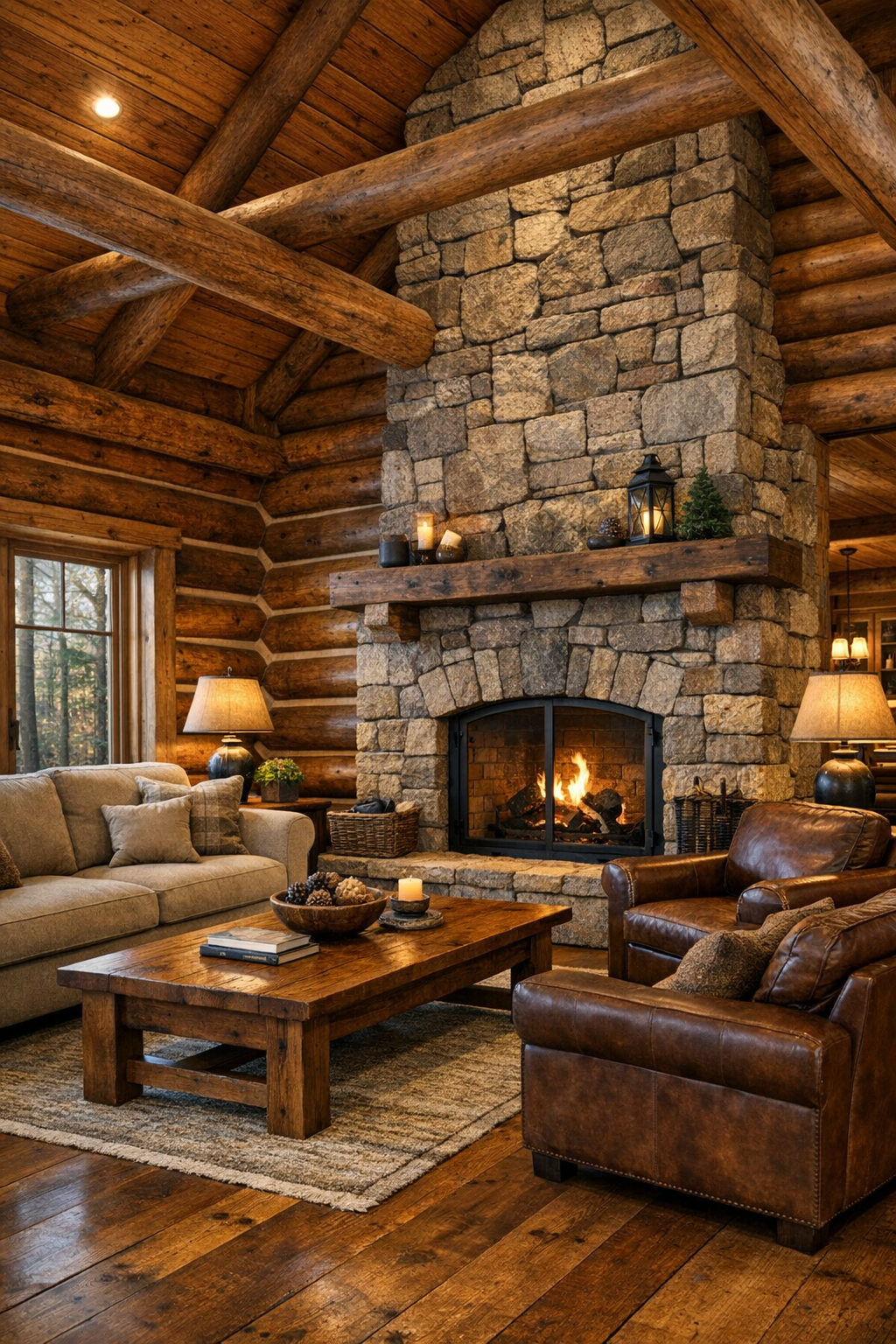 Warm log home living room with stone fireplace and Amish-crafted wood furniture