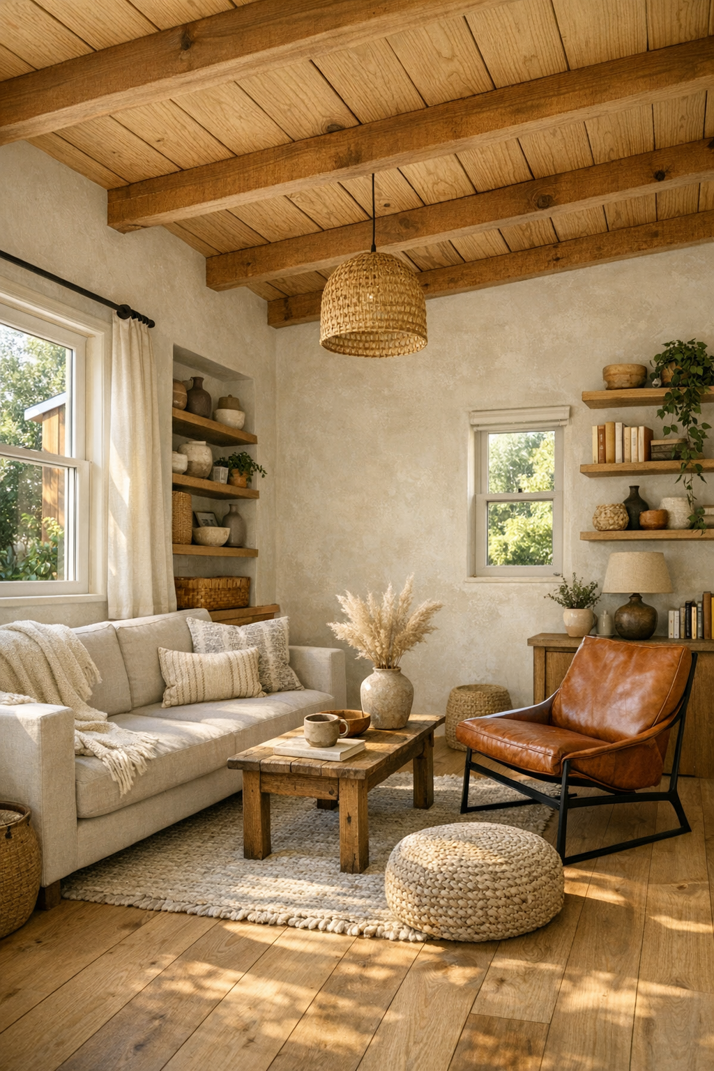 Warm barn-style tiny home living room with white oak floors, exposed beams, and cream walls
